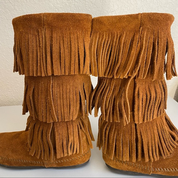 Minnetonka 3 Layer Fringe Brown Suede Boots boho - Picture 8 of 12
